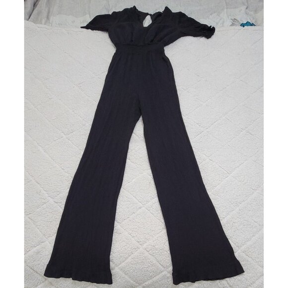 Boden Womens Black Smocked Waist V Neck Jumpsuit Keyhole Back Wide Leg Size 2R - Picture 2 of 8